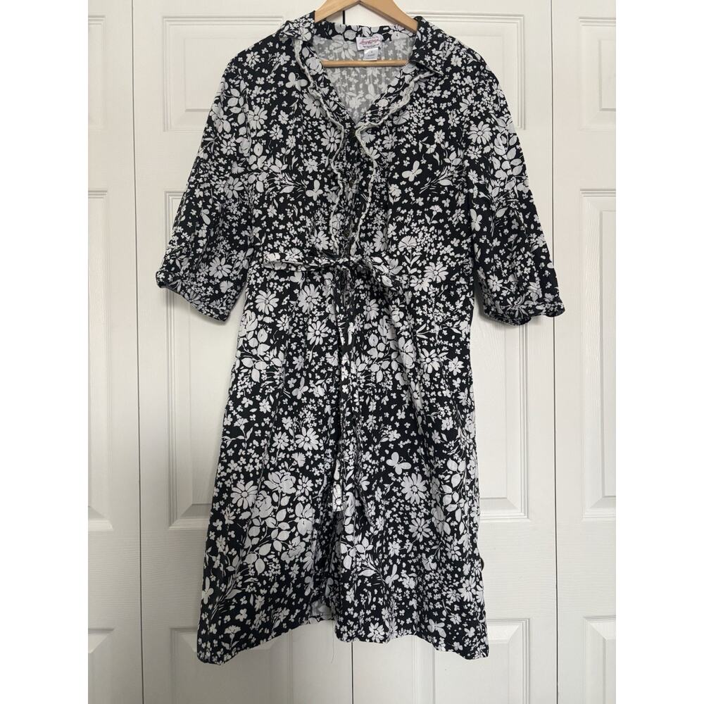 Lanz Of Salzburg Black White Floral Button Front Crochet Dress Women Size XL